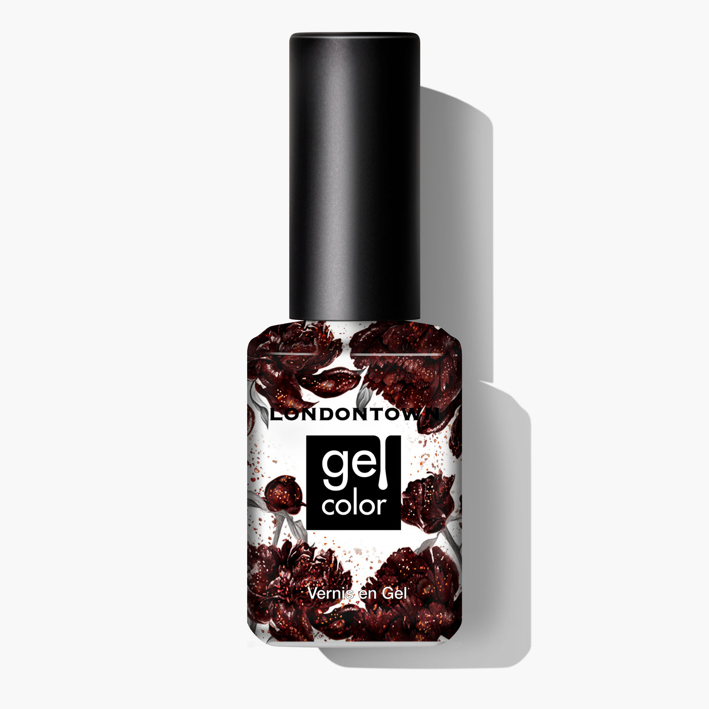 Image of a LONDONTOWN brand gel color nail polish bottle called "Around the Fireplace" with a black cap. The label reads "Vernis en Gel." The bottle contains a deep red, almost black, gel polish with subtle copper-flecked undertones.