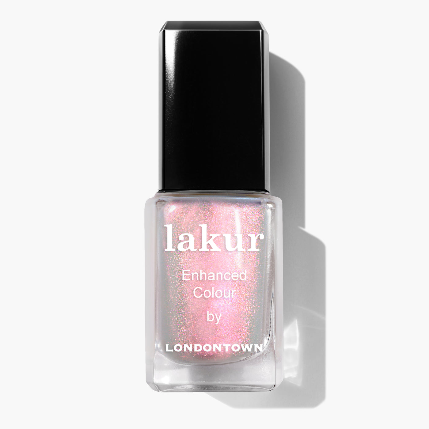 The Aurora Chrome by LONDONTOWN features a crème-to-chrome pink shimmery nail polish with a black rectangular cap, set against a pristine white background.