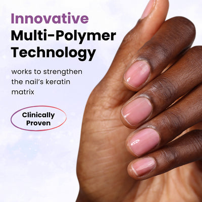 Close-up of a hand with well-manicured nails against a light background. Text reads "LONDONTOWN's Sheer Strength Nail Blush - Concord utilizes innovative Multi-Polymer Technology to strengthen the nail's keratin matrix, featuring 2-in-1 benefits as a nail hardener and glow booster. Clinically Proven.