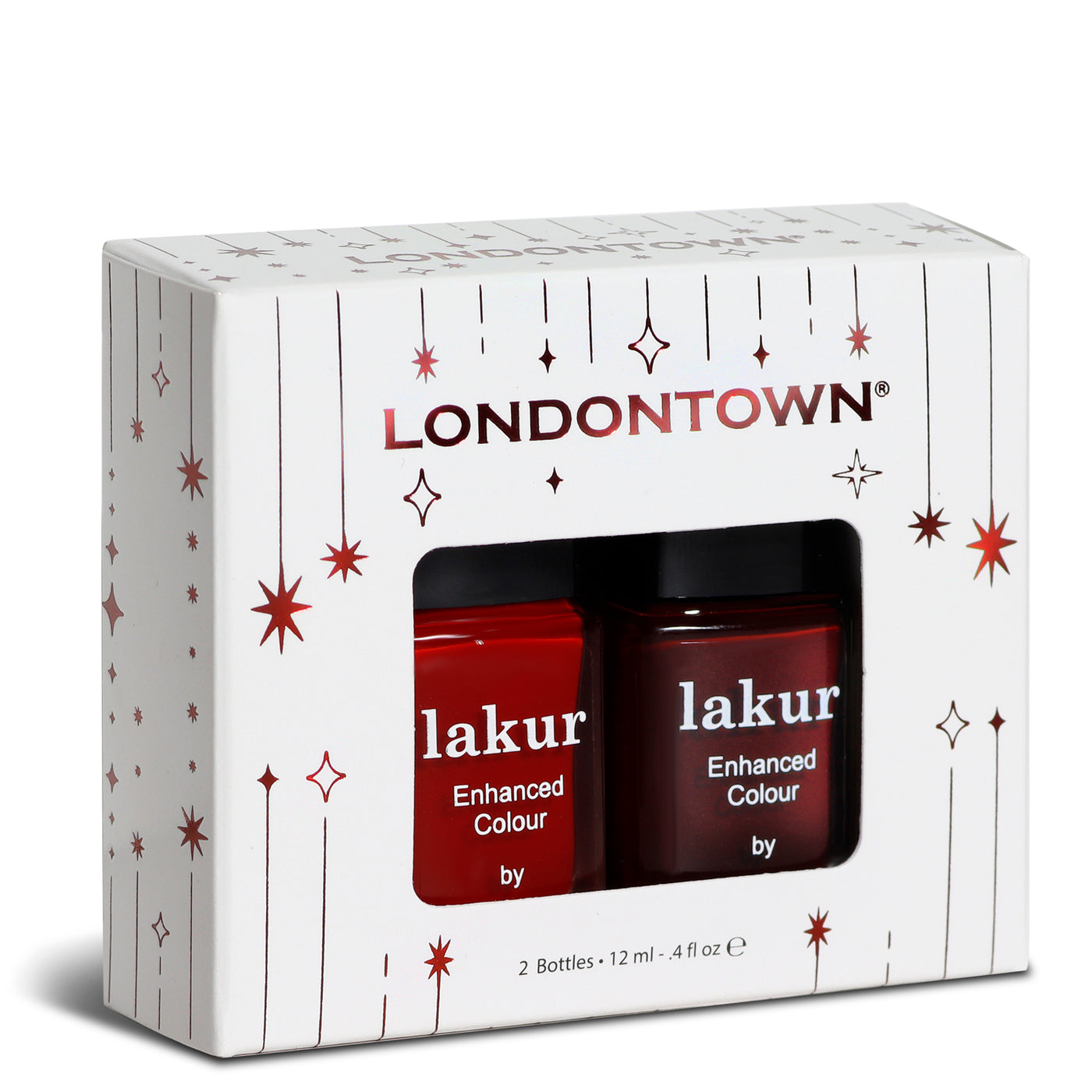 The Cozy Fireside Duo from LONDONTOWN features two "lakur" bottles in rich burgundy shades, perfect for creating sophisticated nails labeled "Enhanced Colour." Ideal for anyone looking to achieve stylish, seasonal nail trends.