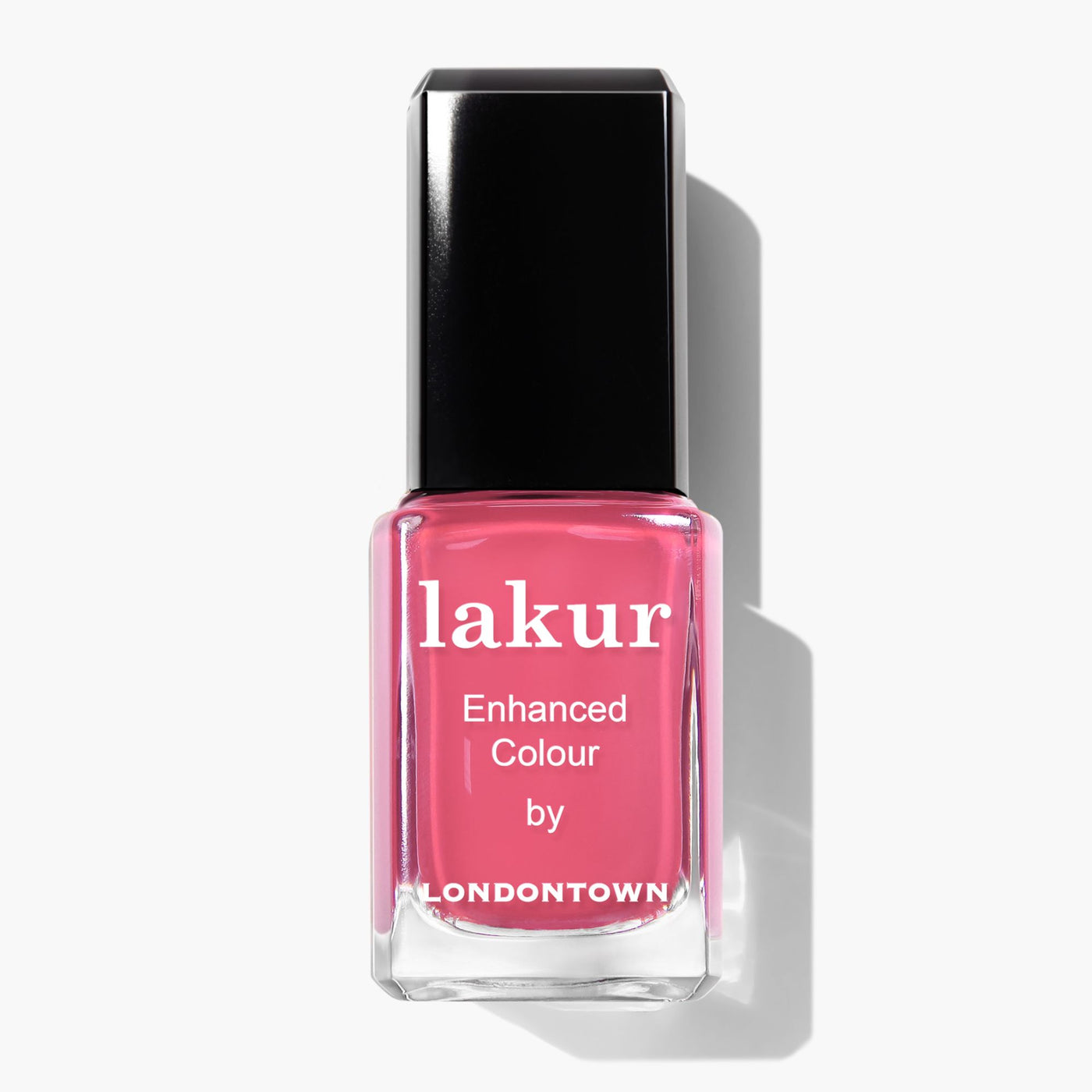 A bottle of Electric Flamingo nail polish by LONDONTOWN, featuring a flamboyant pink shade and a black cap.