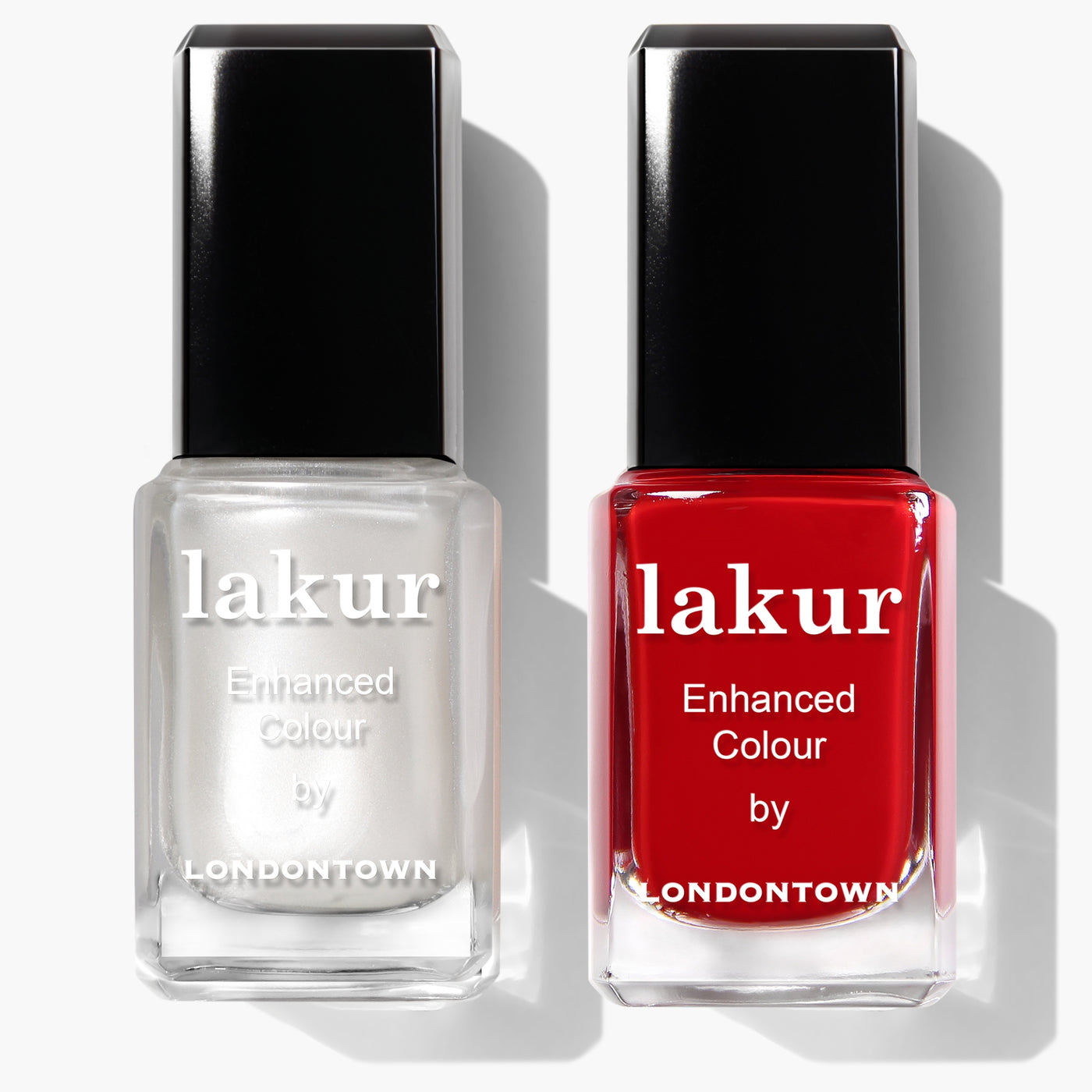 The Frosted Berries Duo by LONDONTOWN offers a wintery mix for festive nails, featuring one bottle with a metallic silver shine and another that pops with vibrant red.