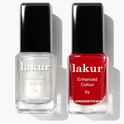 The Frosted Berries Duo by LONDONTOWN offers a wintery mix for festive nails, featuring one bottle with a metallic silver shine and another that pops with vibrant red.