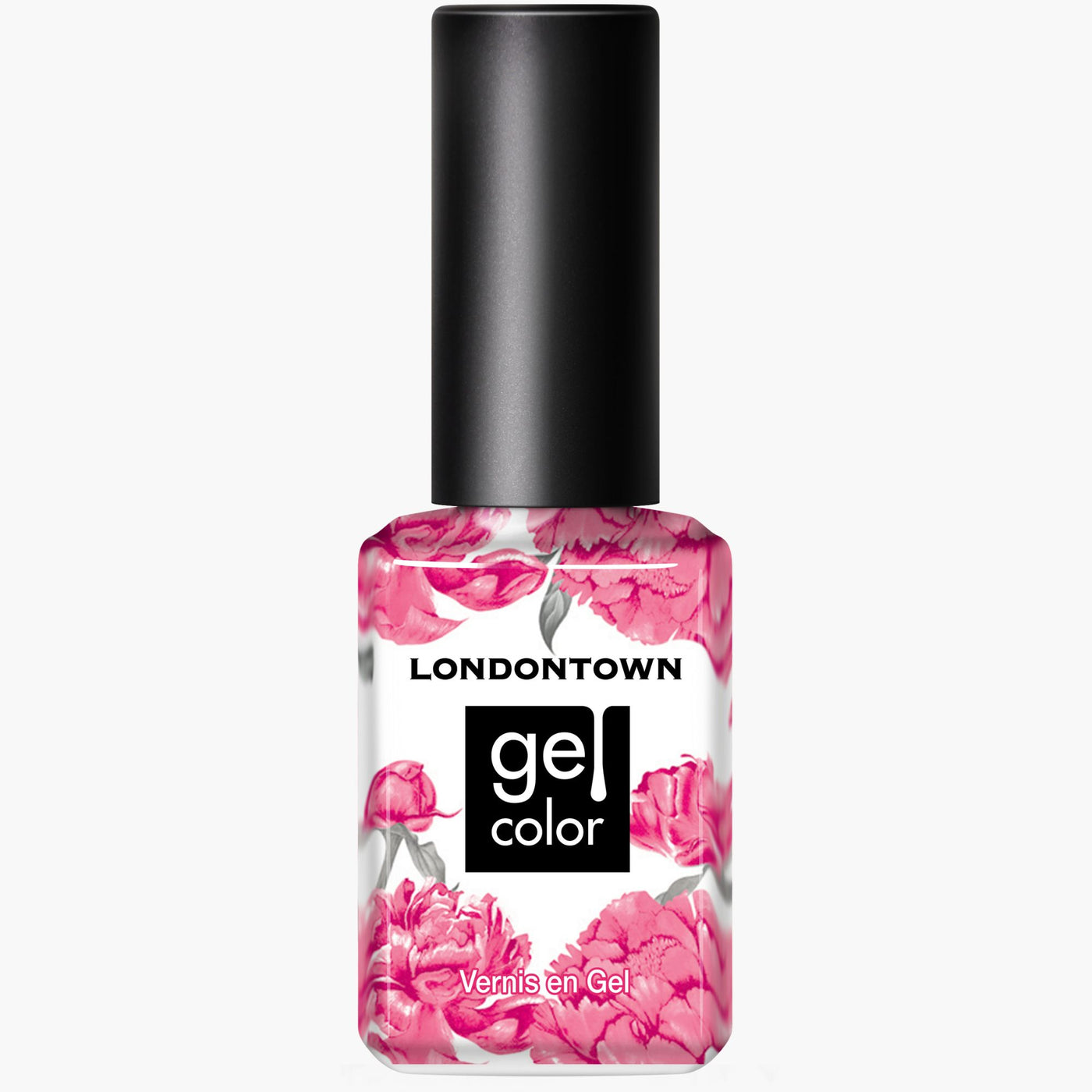 A bottle of LONDONTOWN's Electric Flamingo gel color nail polish, featuring a black cap and a flamboyant floral design on the transparent portion of the bottle, showcasing a hint of pink.