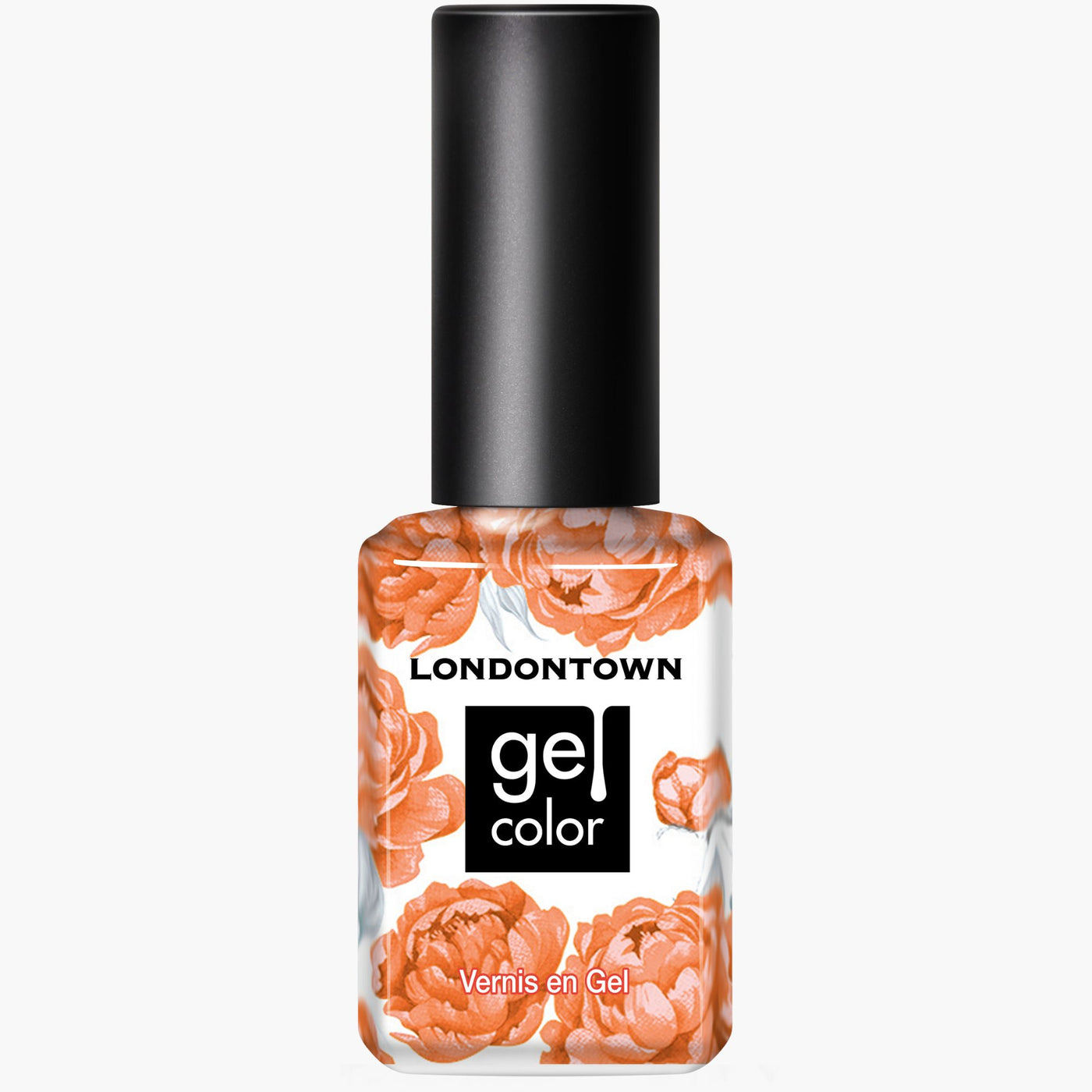 A nail polish bottle with a black cap, labeled "LONDONTOWN Paloma," and decorated with vibrant orange floral designs reminiscent of sun-kissed California peach blossoms.