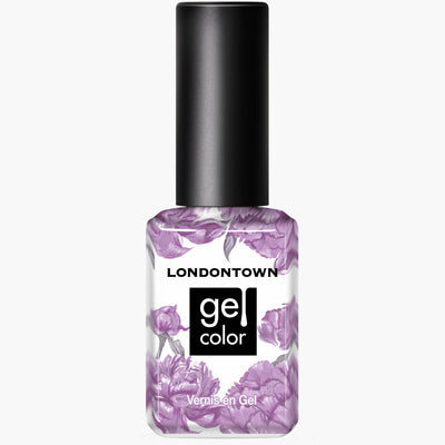 A clear nail polish bottle with the brand name "LONDONTOWN" and "Road Trip" printed on it, adorned with psychedelic purple flowers.