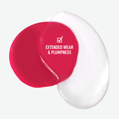 Red and white High Gloss Top Coat swatches from LONDONTOWN overlap with a glossy sheen, featuring the text "Extended Wear & Plumpness" and a checkmark.