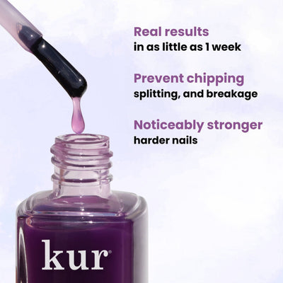 A dropper releases a purple liquid into a bottle labeled "Sheer Strength Nail Blush - Concord" by LONDONTOWN. Surrounding text highlights benefits: Real results in as little as 1 week, prevent chipping, splitting, and breakage, noticeably stronger and harder nails with this 2-in-1 nail hardener.