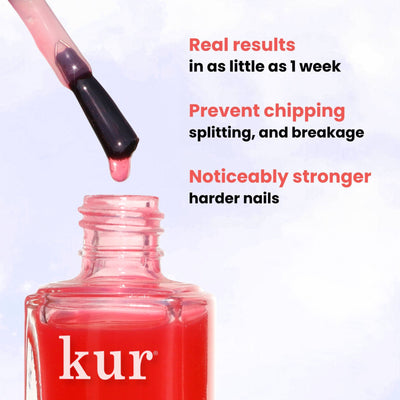 Close-up of a Sheer Strength Nail Blush - Poppy bottle by LONDONTOWN with a brush applying pink liquid. Text on the image highlights benefits: "Real results in as little as 1 week, prevent chipping, noticeably stronger, harder nails with our glow booster nail hardener.