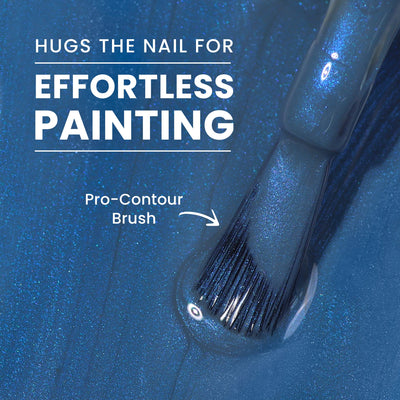 Close-up of a blue nail polish brush from LONDONTOWN's Blue Diamond (Professional) collection with text reading "Hugs the nail for effortless painting" and "Pro-Contour Brush" with an arrow pointing to the chrome-tipped brush.