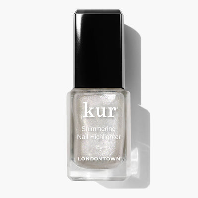 A bottle of LONDONTOWN Shimmering Nail Highlighter - Mirror Ball with a black cap on a white background, perfect for those who seek a shimmering shield that catches light.