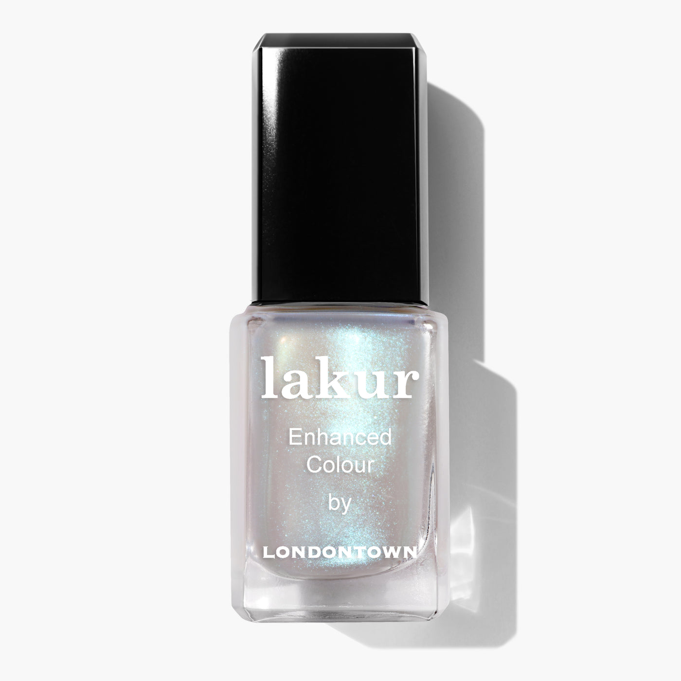 A "Moonstone Chrome" nail polish by LONDONTOWN with an iridescent white hue and a crème-to-chrome finish, features a sleek black cap casting a soft shadow on the pristine white background.