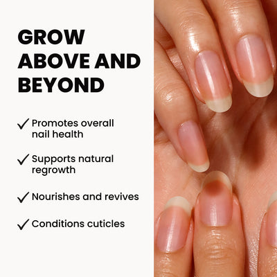 A close-up of hands sporting long, healthy nails is featured alongside text highlighting the transformative benefits of LONDONTOWN's Restorative Nail Cream: moisturizes dry nails, promotes nail health, supports regrowth, and nourishes and conditions cuticles.