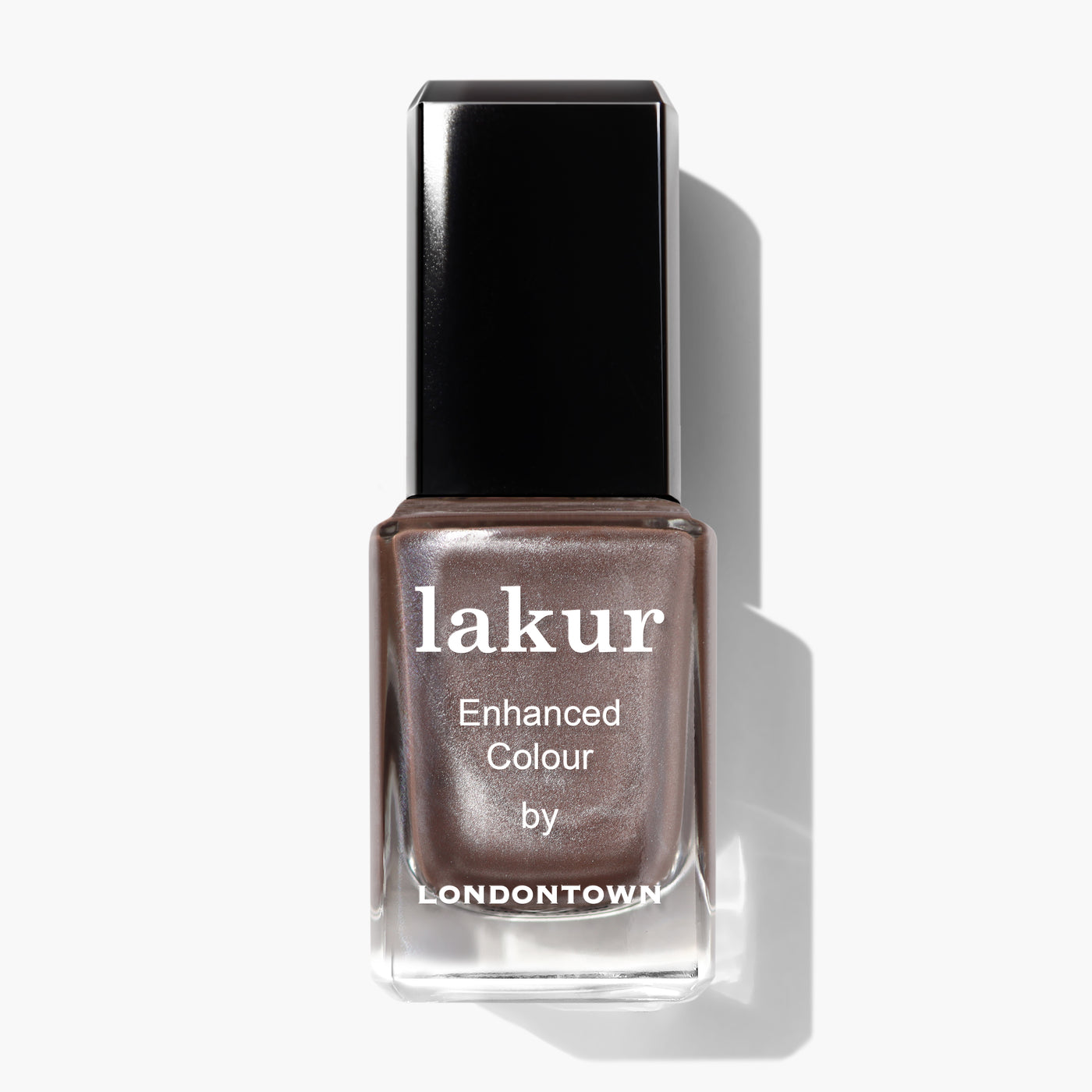 A bottle of Nightcap nail polish by LONDONTOWN, featuring a pearl-tinged metallic taupe shade and a black cap.