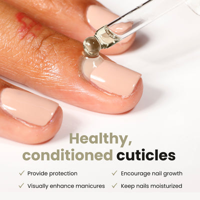 A close-up of a hand holding a dropper applies LONDONTOWN's Nourishing Cuticle Oil, infused with Florium Complex, to the cuticles. The surrounding text highlights its benefits: protection, nail restoration, enhanced manicures, and optimal moisture.