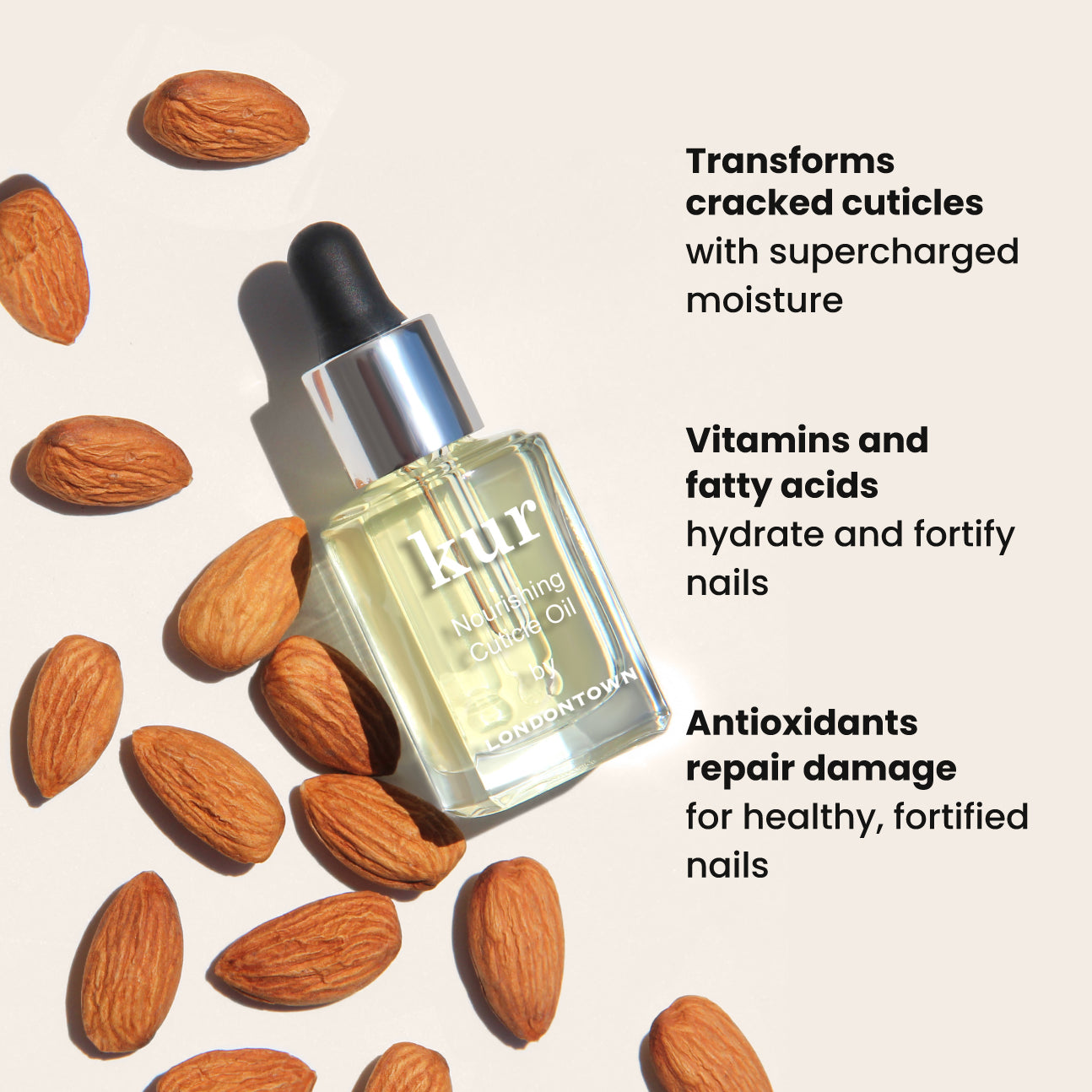 A bottle of LONDONTOWN's Nourishing Cuticle Oil is displayed on a light background surrounded by almonds, with text emphasizing its benefits: it transforms cracked cuticles, hydrates nails, and repairs damage using antioxidants for ultimate nail restoration.