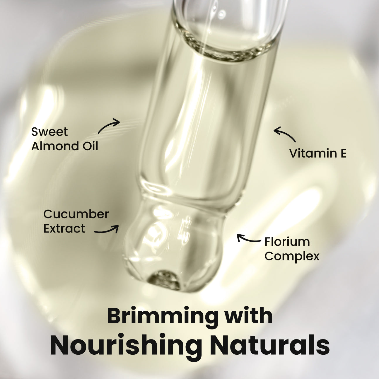 Close-up of a dropper releasing clear liquid encircled by text: Nourishing Cuticle Oil by LONDONTOWN, featuring Sweet Almond Oil, Vitamin E, Cucumber Extract, and Florium Complex. Caption reads, "Infused with Naturals for Nail Restoration.