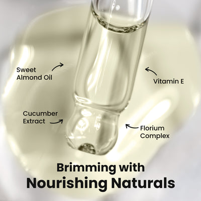 Close-up of a dropper releasing clear liquid encircled by text: Nourishing Cuticle Oil by LONDONTOWN, featuring Sweet Almond Oil, Vitamin E, Cucumber Extract, and Florium Complex. Caption reads, "Infused with Naturals for Nail Restoration.