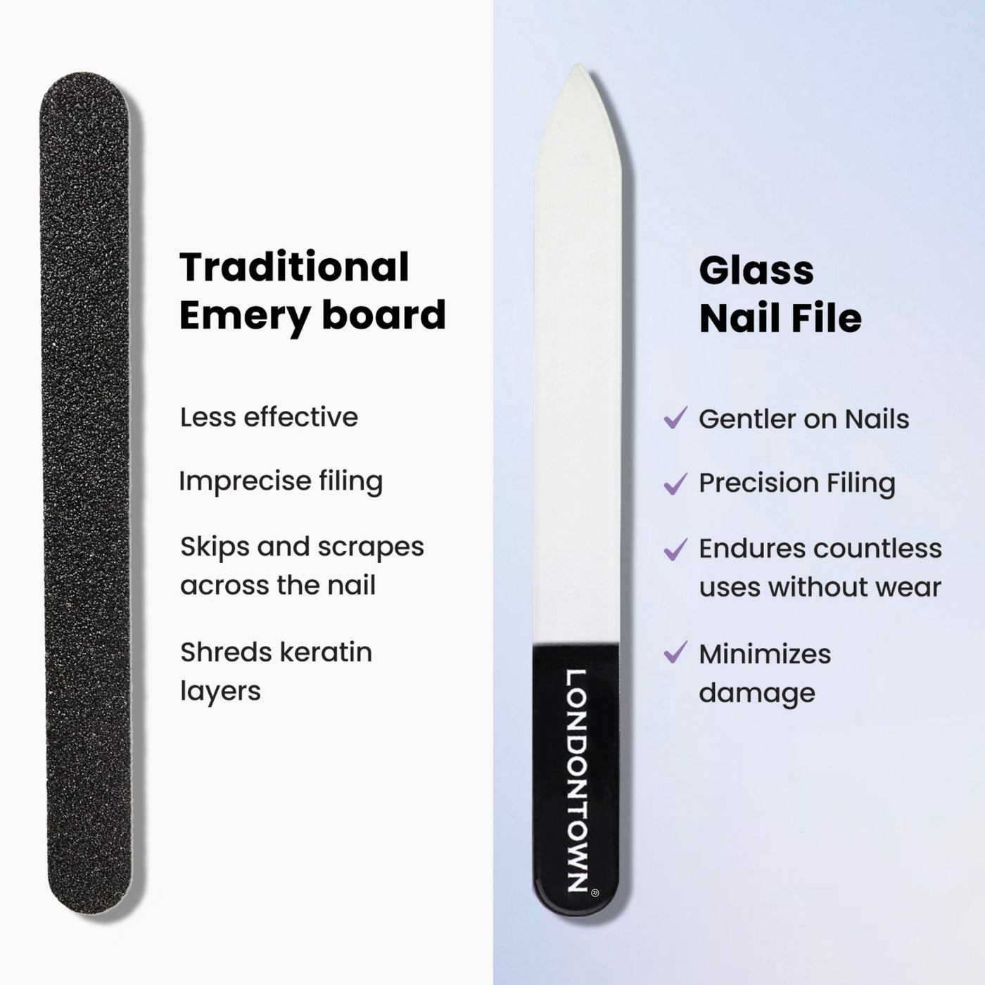 A side-by-side comparison of a traditional emery board and the LONDONTOWN Glass Nail File - Clear (Professional), showcasing the benefits of effortless nail filing with the glass nail file, ensuring a damage-free manicure over the emery board.