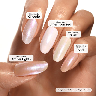 A hand displays different nail polish shades labeled Cheerio, Amber Lights, Afternoon Tea, Dusk, and Bare, with all nails layered in a crème-to-chrome finish called Pixi Chrome by LONDONTOWN.