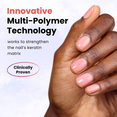 A close-up of a hand with manicured nails showcasing LONDONTOWN's Sheer Strength Nail Blush - Poppy, featuring innovative multi-polymer technology that acts as a nail hardener and strengthens the nail's keratin matrix. Text reads "Clinically Proven.