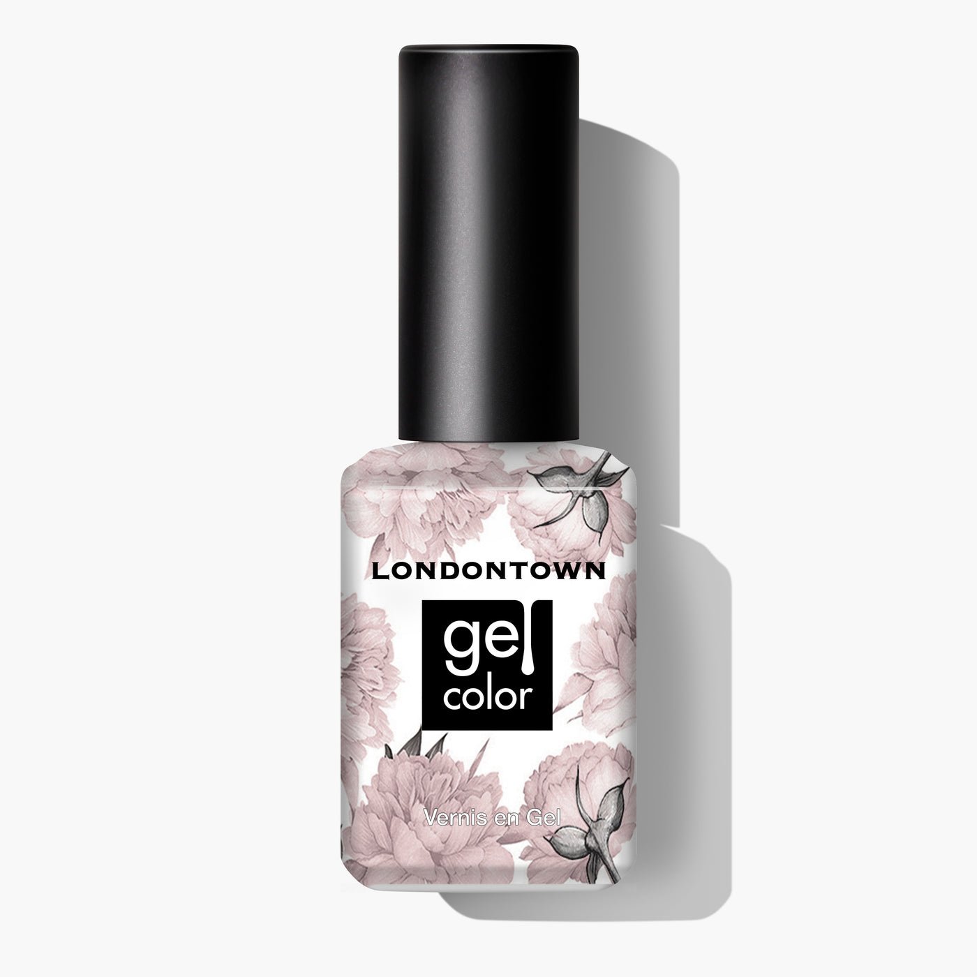 A bottle of LONDONTOWN Off the Record Gel Color nail polish in a soft pastel hue, featuring a floral design on the label.