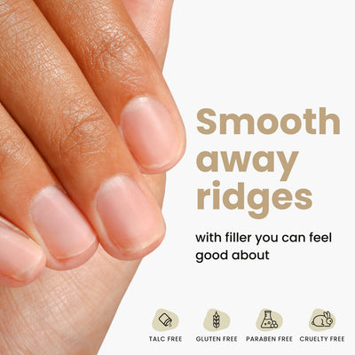 Close-up of a person's hand with neatly trimmed nails. Text reads: "Smooth away those ridges with LONDONTOWN's Fortifying Ridge Filler, a base you can feel good about." Icons indicate talc-free, gluten-free, paraben-free, cruelty-free.