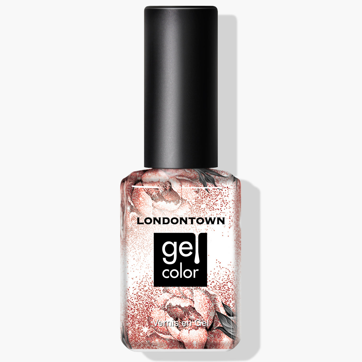 A bottle of LONDONTOWN Rosé All Day gel color nail polish with a floral design on the label.