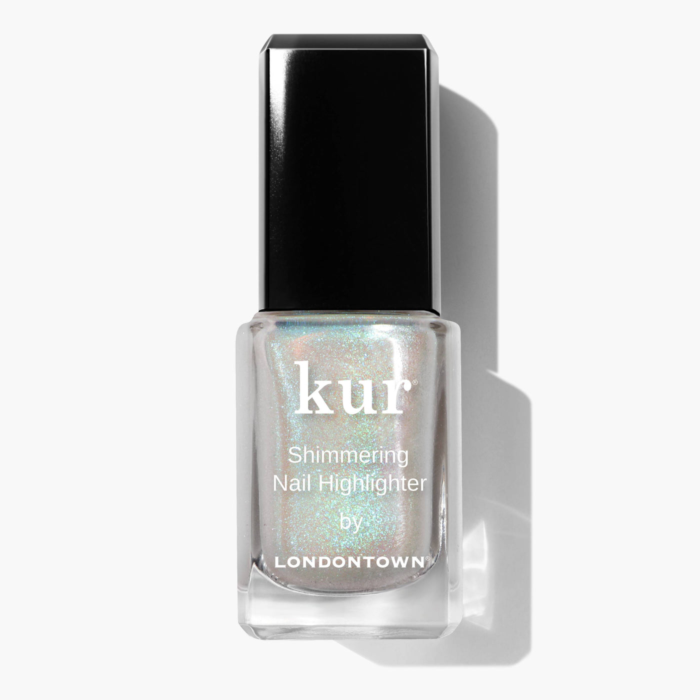 Product Description: A bottle of Shimmering Nail Highlighter - Stardust by LONDONTOWN with a black cap, containing iridescent, light-catching liquid inside to create a mesmerizing shimmering shield for your nails.