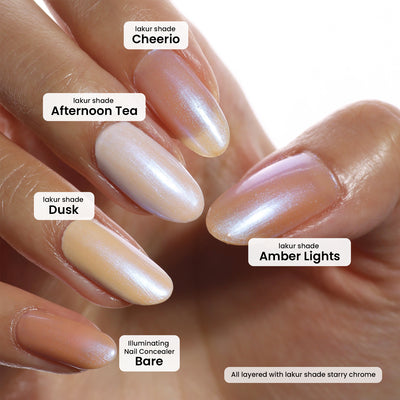 Close-up of a hand displaying five fingernails, each painted with different LONDONTOWN Starry Chrome nail polish shades labeled as Cheerio, Afternoon Tea, Dusk, Amber Lights, and Bare. All nails sparkle under a starry crème-to-chrome finish.