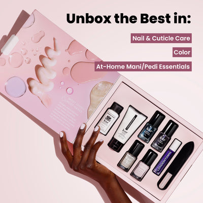 A hand displays an open box of the Most-Loved & Must-Haves Set by LONDONTOWN, showcasing polish, a nail file, and cuticle oil—ideal for preparing your nails for the holiday season. Explore essential at-home mani/pedi items with an emphasis on nail and cuticle care for vibrant colors.