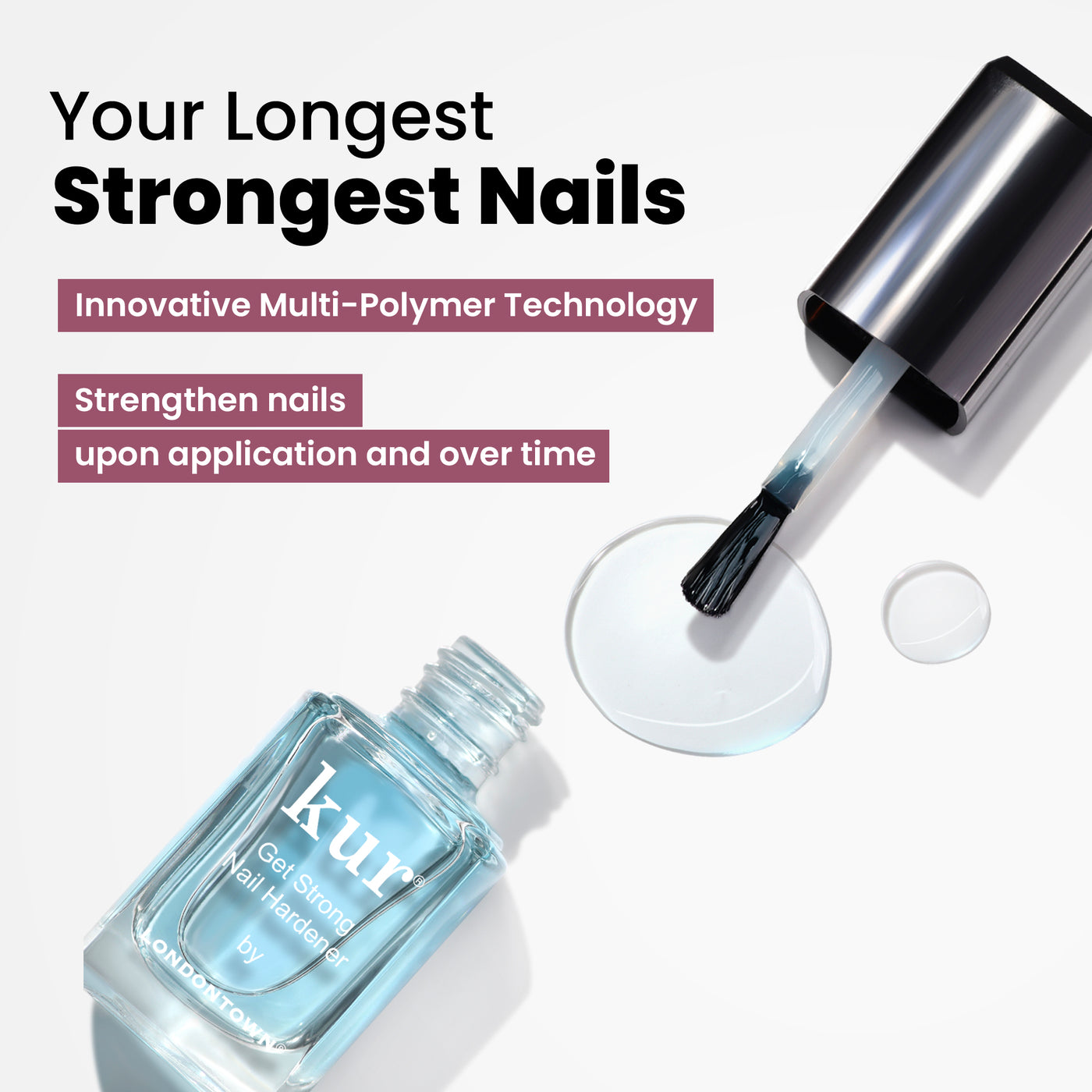 A bottle of nail hardener with a brush, from the "Most-Loved & Must-Haves Set" by LONDONTOWN, promises stronger nails with innovative multi-polymer technology, making it an essential addition to your nail care routine.