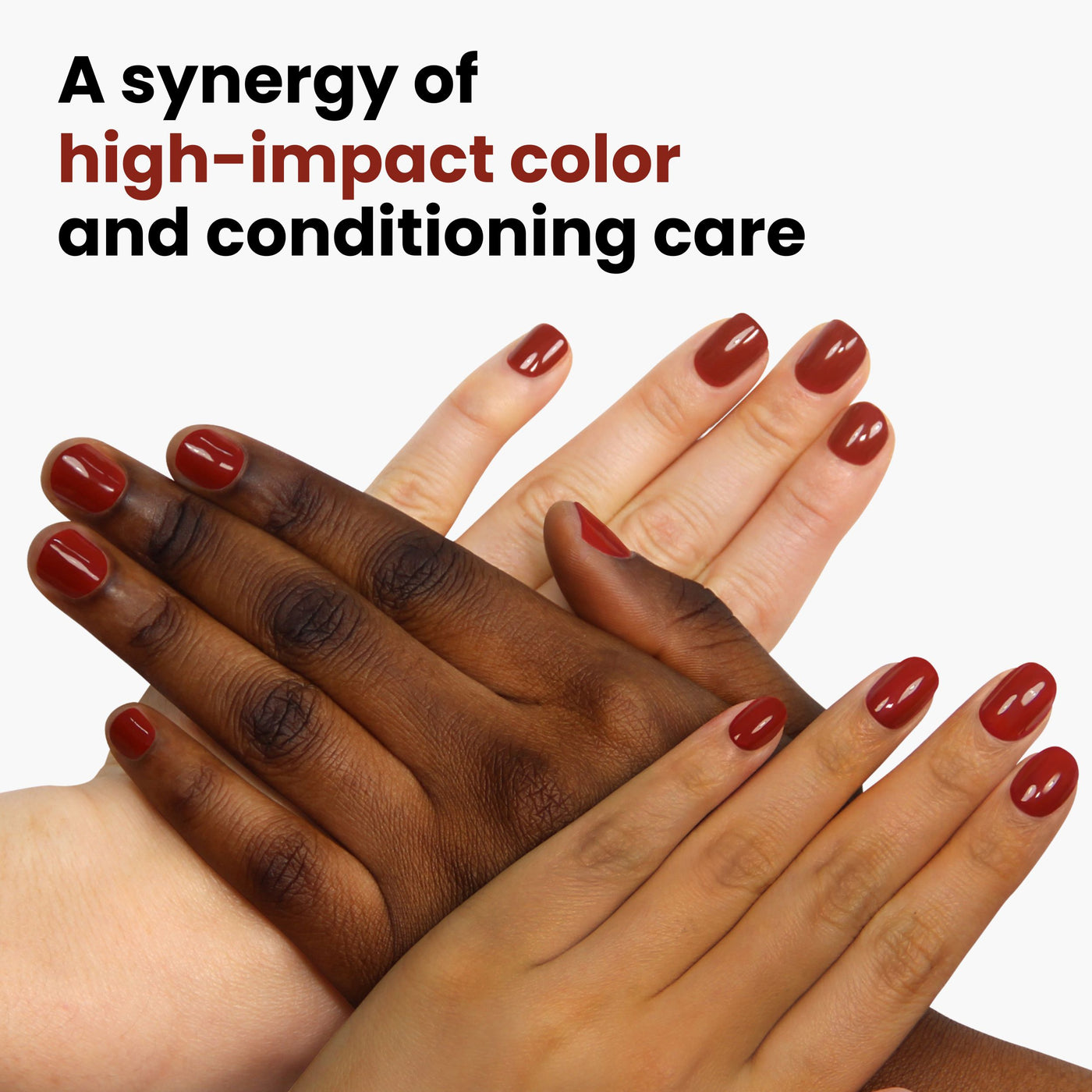 Four hands with matching Woodstock polish by LONDONTOWN stack against a white background. Text reads: "A synergy of high-impact color and conditioning care, delivering sophisticated allure.