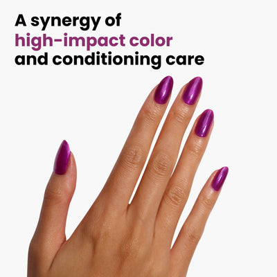 Close-up of a hand with Alexa, Let's Dance! nail polish on a white background. Text above reads: "A synergy of high-impact color and conditioning care" by LONDONTOWN.