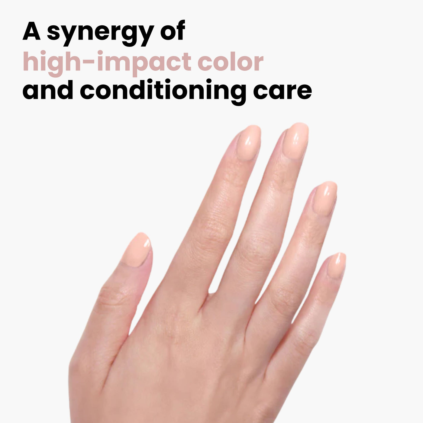 A hand with LONDONTOWN's Peach Pop vegan nail polish is shown on a white background. The text reads: "A synergy of high-impact color and conditioning care.