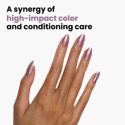 A hand with long, metallic pink nails. Text reads: "Amethyst On Ice by LONDONTOWN: A synergy of high-impact color and conditioning care.