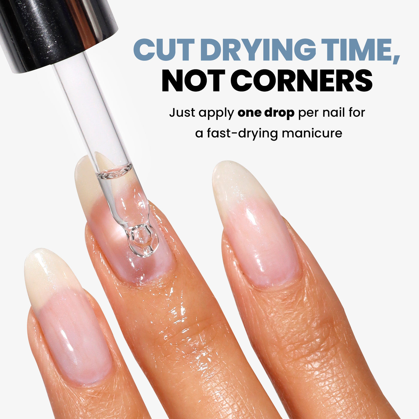 A close-up of a dropper applying clear liquid to a fingernail, showcasing LONDONTOWN's Accelerating Drying Oil for fast-drying nail care.