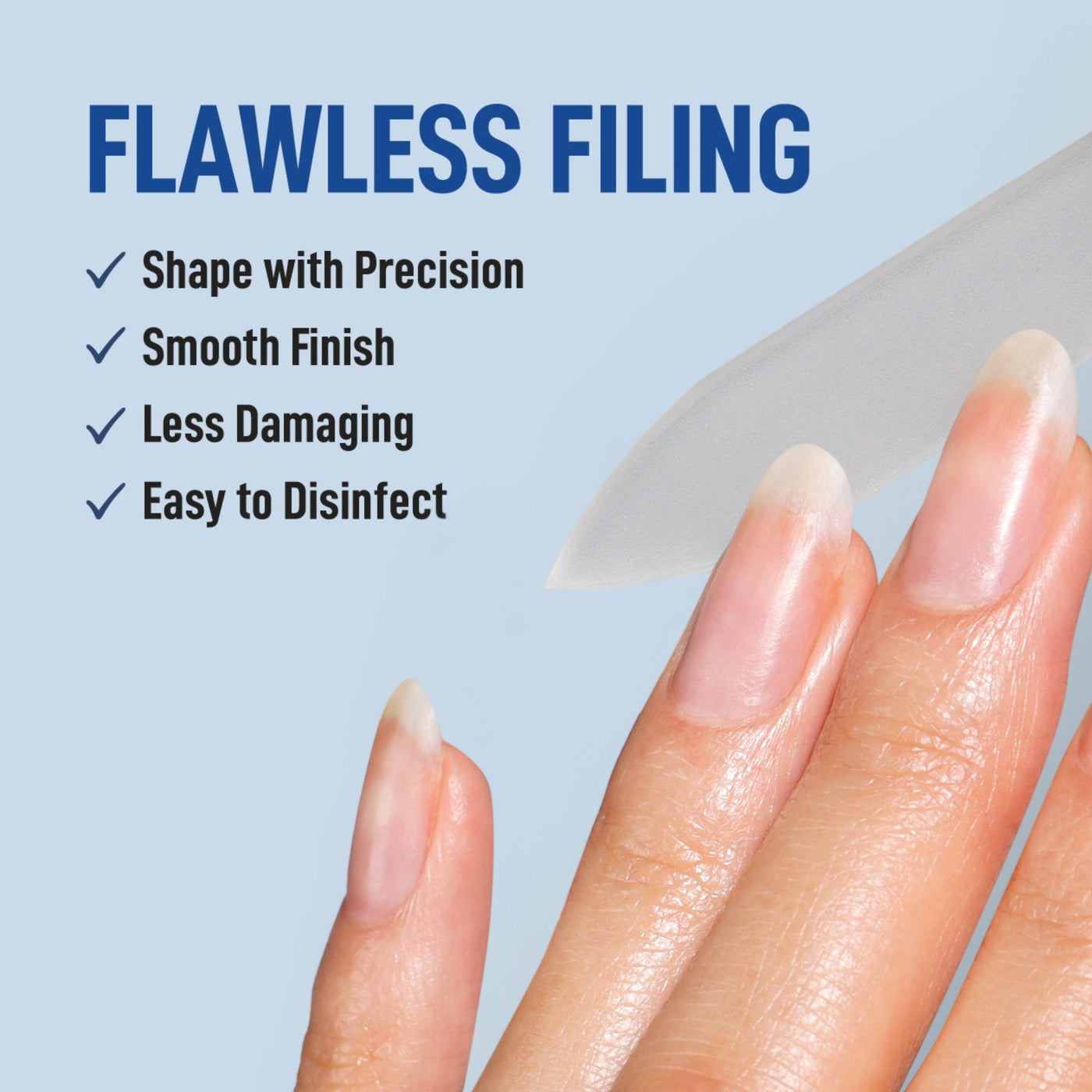 A hand with long nails uses LONDONTOWN's Mini Nail File Set on a light blue background, achieving precise shaping and a smooth finish. Highlights: less damaging, easy to disinfect—perfect for any occasion.