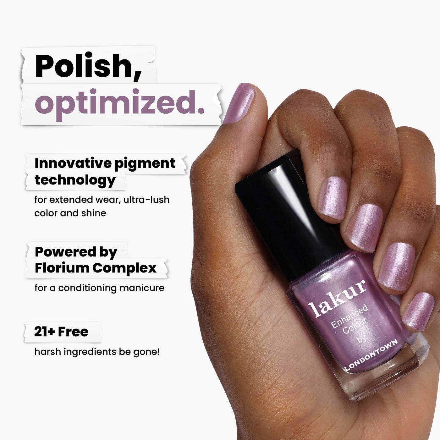 Hand holding Amethyst On Ice nail polish by LONDONTOWN in light purple, featuring innovative pigment technology, Florium Complex, and free from 21+ harsh ingredients.