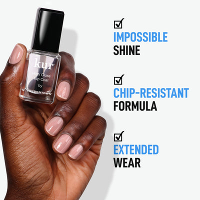 A hand displays a bottle of LONDONTOWN High Gloss Top Coat, featuring its "Impossible Shine," "Chip-Resistant Formula," and "Extended Wear" for an impressive shiny finish.