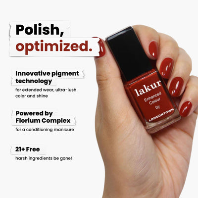 A hand holds a rich red-brown nail polish bottle labeled "Woodstock" by LONDONTOWN, showcasing the innovative Florium Complex and a 21+ free formula for vibrant color with every application.