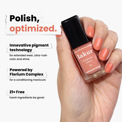 A hand holds a bottle of LONDONTOWN's Pressed Petals nail polish, showcasing innovative pigment technology with a terracotta pink undertone. Powered by Florium Complex, it is 21+ free of harsh ingredients, ensuring vibrant and safe beauty.