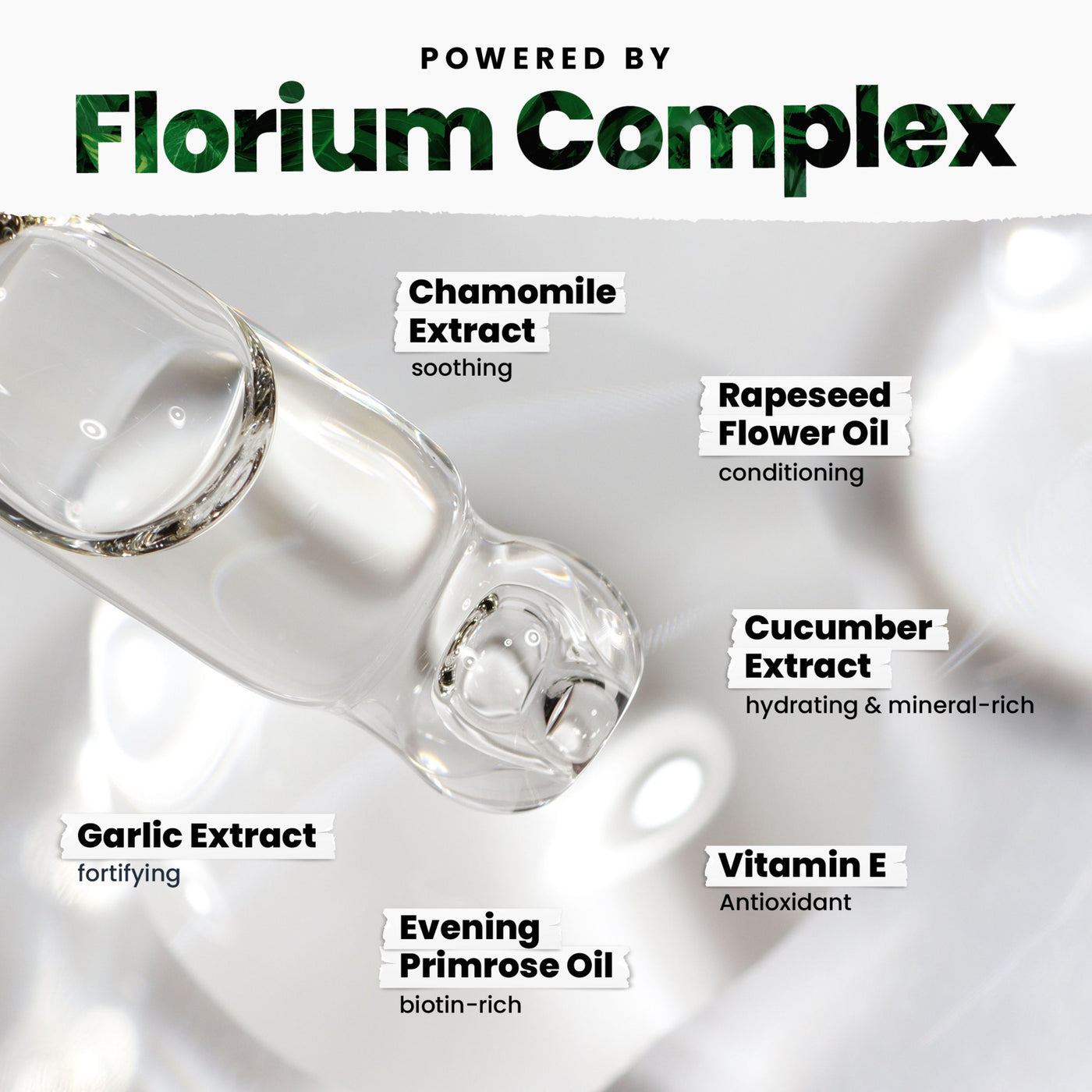 A shimmering dropper of liquid is surrounded by text boxes highlighting the benefits of Alexa, Let's Dance! by LONDONTOWN, featuring Florium Complex ingredients: Chamomile, Rapeseed Flower Oil, Cucumber, Garlic Extract, Evening Primrose Oil, and Vitamin E.