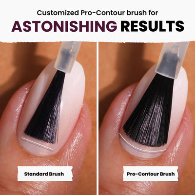 Compare the two nail brush types: Left uses the standard brush for narrower application, while Right uses LONDONTOWN's Pro-Contour brush with a breathable formula for wider coverage and astonishing results. Indulge in Bell in Time, a deep purple cream with exclusive kur® care for flawless nails.