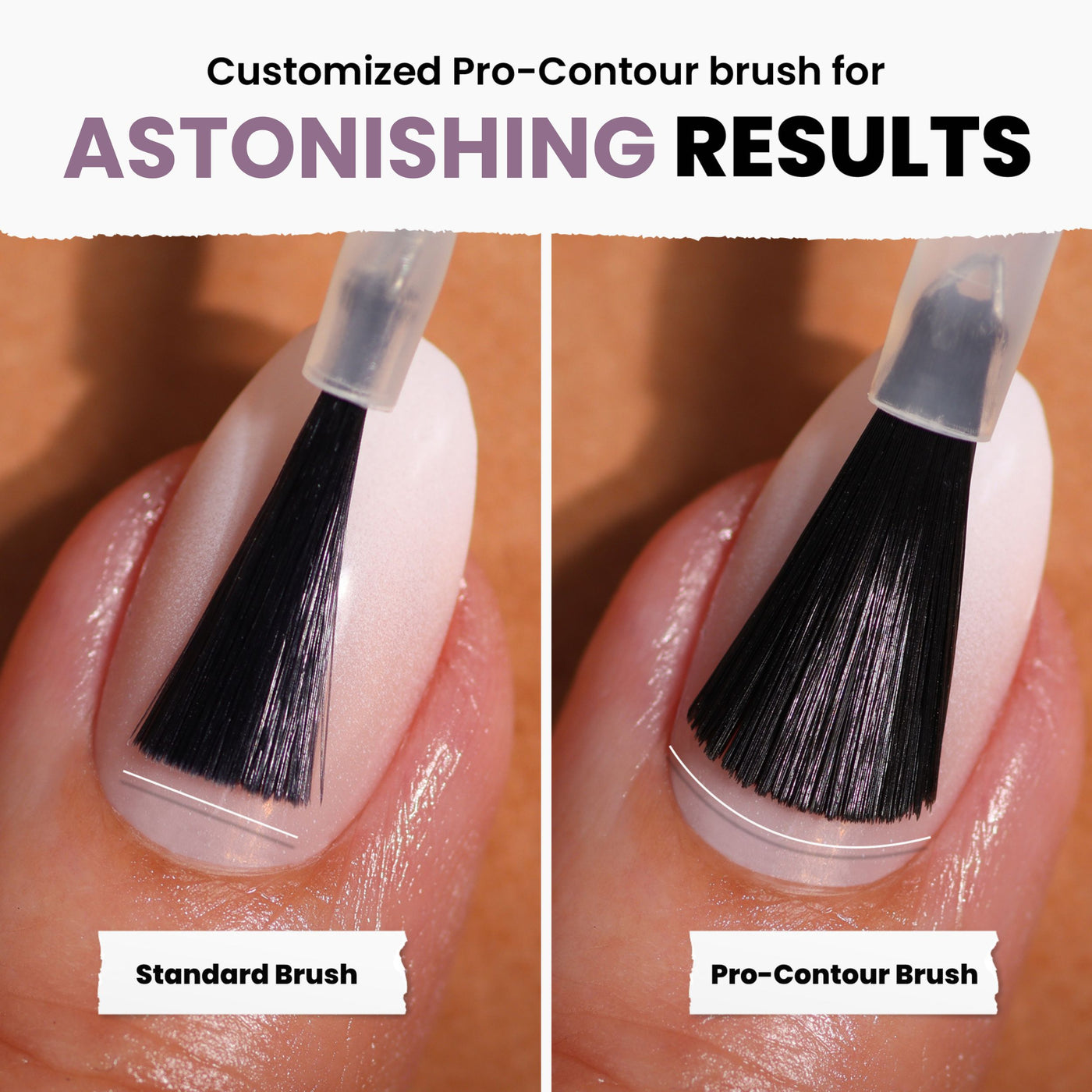 Close-up of fingernails comparing a standard brush and LONDONTOWN's Amethyst On Ice pro-contour brush applying polish, highlighting brush shape and distribution.