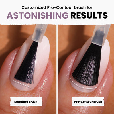 Close-up of fingernails comparing a standard brush and LONDONTOWN's Amethyst On Ice pro-contour brush applying polish, highlighting brush shape and distribution.