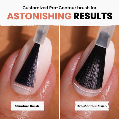 Comparing LONDONTOWN's Pressed Petals nail polish brushes: the standard is on the left, with the Pro-Contour on the right. Note their subtle design difference enhances application, ideal for muted peach or terracotta pink shades.