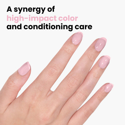 Hand with soft sheer pink polished nails and text "Invisible Crown by LONDONTOWN: A synergy of high-impact color and conditioning care.