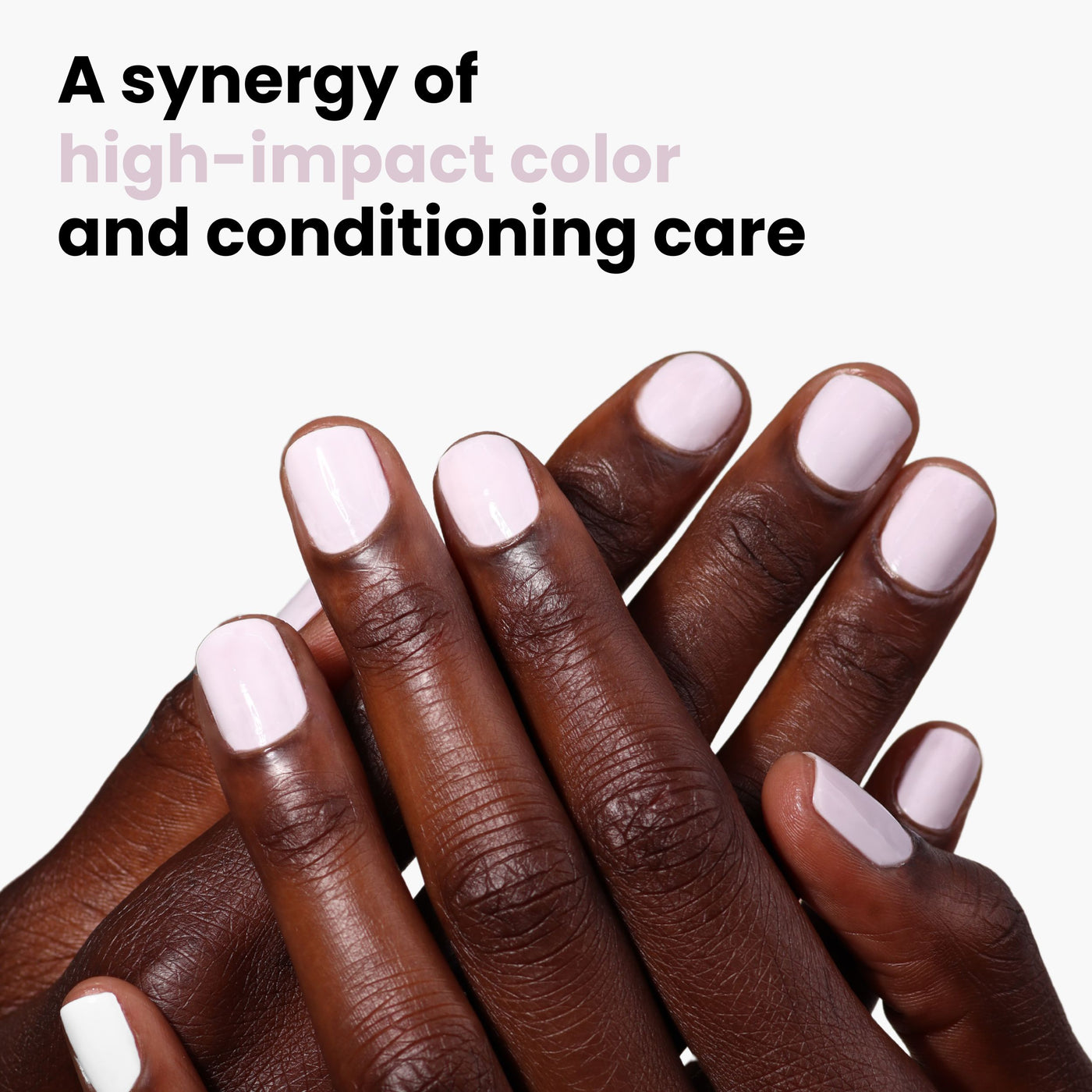 A close-up features hands with neatly manicured nails in pale pink, showcasing "Ski Bunny (Professional)" by LONDONTOWN, promoting a synergy of color and conditioning care enhanced by pink-tinted skincare for a radiant glow.