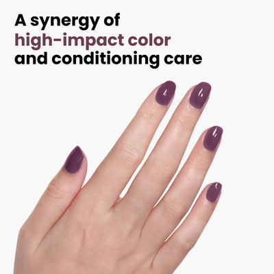 A hand with neatly manicured nails painted in glossy purple. Text reads: "Experience high-impact color and conditioning care with LONDONTOWN's cruelty-free nail polish, Save the Queen.